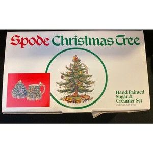 NIB Spode Hand Painted Sugar & Creamer Set Christmas Trees With Santas